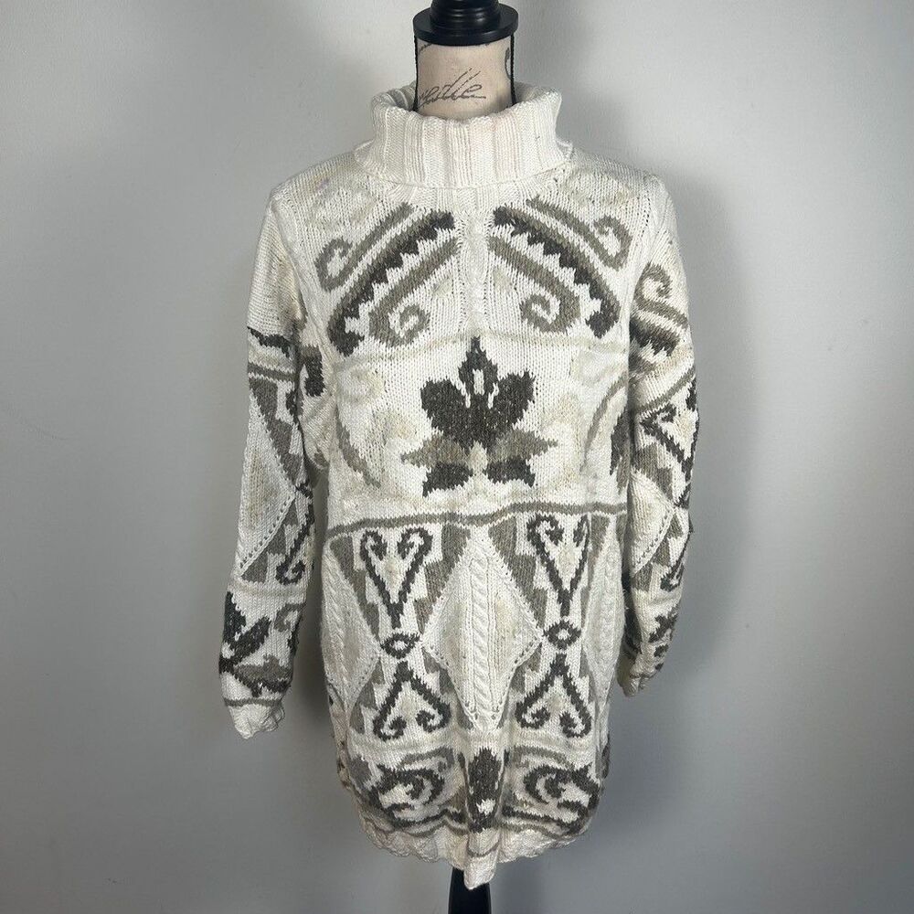 Rosanna Vintage Hand Knitted Turtleneck Sweater Womens Large Ivory Cotton Blend